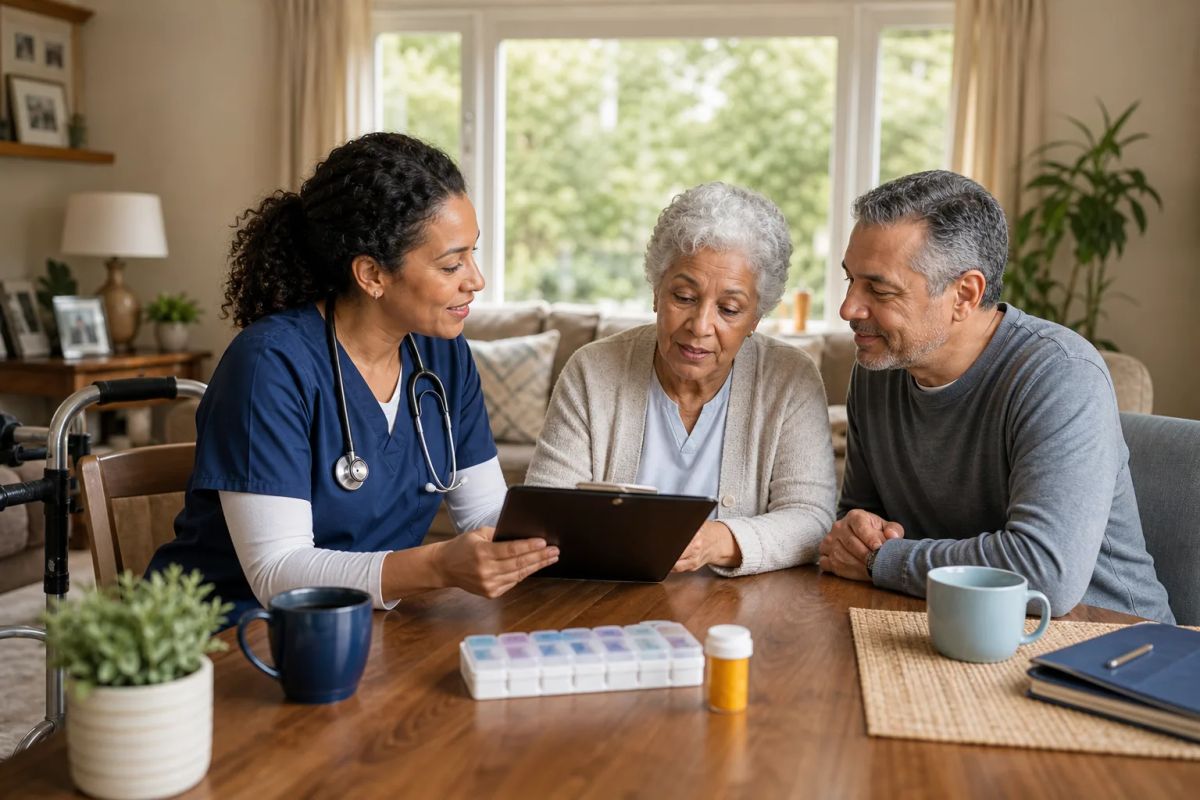 A nurse reviewing a home care plan with a senior and family caregiver at home
