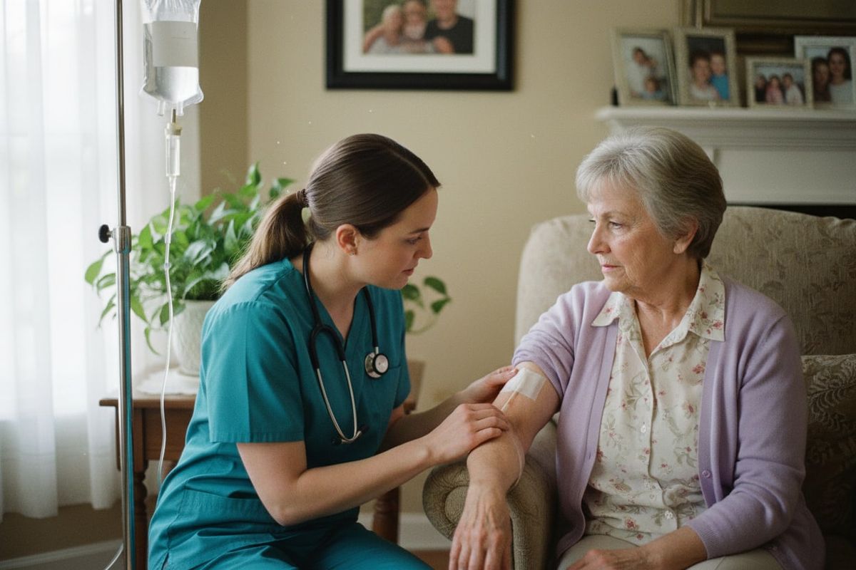 A home-health nurse in teal scrubs with a stethoscope examines the PICC line dressing on a senior woman’s upper arm while explaining care steps. The woman wears a lavender cardigan over a floral blouse, and an IV bag with a blank label hangs on a chrome stand beside her.