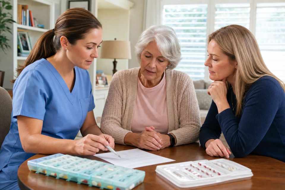 A nurse reviewing a medication schedule with an aging parent and family caregiver at home