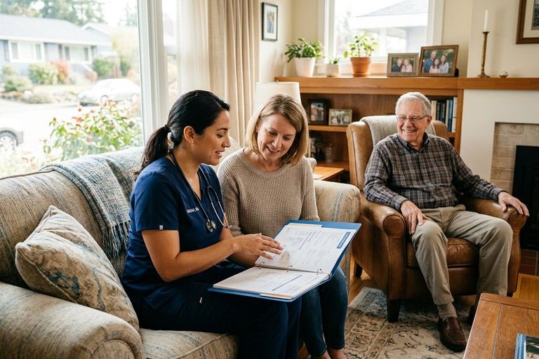 A nurse in blue scrubs explaining a care checklist folder to a family caregiver on a couch while a smiling elderly man relaxes in an armchair beside them in a bright living room.
