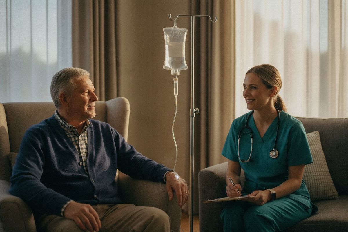 A home-health nurse in teal scrubs with a stethoscope holds a clipboard while a senior man in a navy cardigan over a checked shirt receives an IV antibiotic infusion through a cannula secured on his hand, the IV bag hanging on a chrome stand beside his armchair in a bright cozy living room.