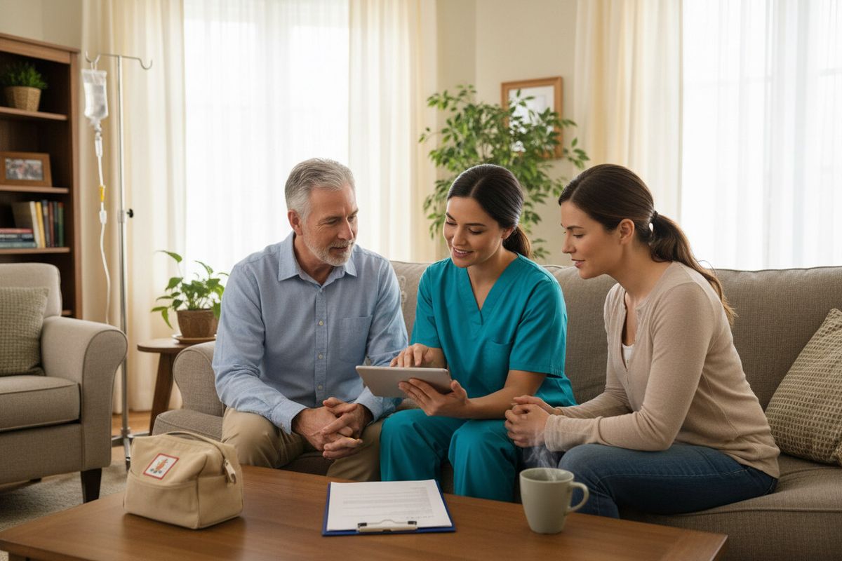 A home-health nurse in teal scrubs sits on a sofa with a tablet, explaining a care plan to a senior man with gray hair and his adult daughter, with a medical bag on the coffee table and an IV pole beside the armchair, in a bright cozy living room.