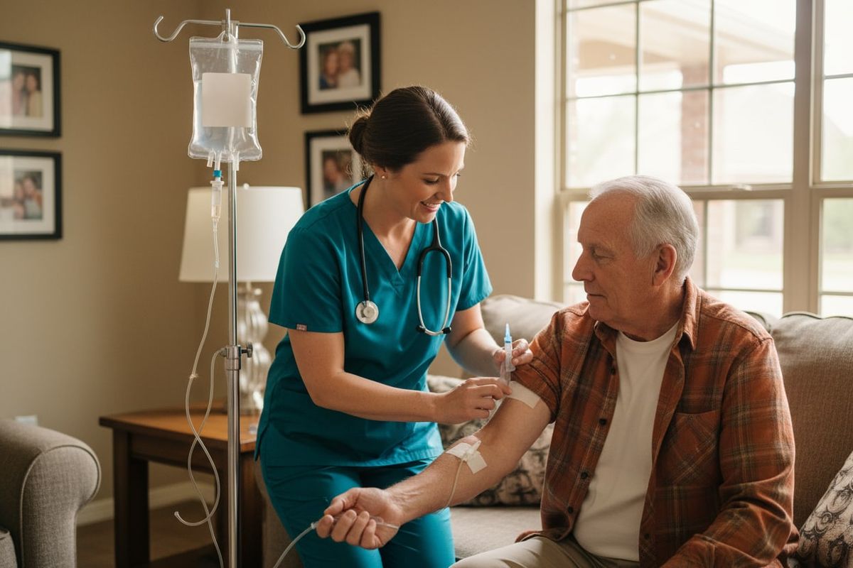 A home-health nurse in teal scrubs with a stethoscope inspects the PICC line dressing on a seated senior man’s upper arm in a warm living room. He wears a plaid flannel shirt, and an IV bag with a blank label hangs from a chrome stand beside the sofa.