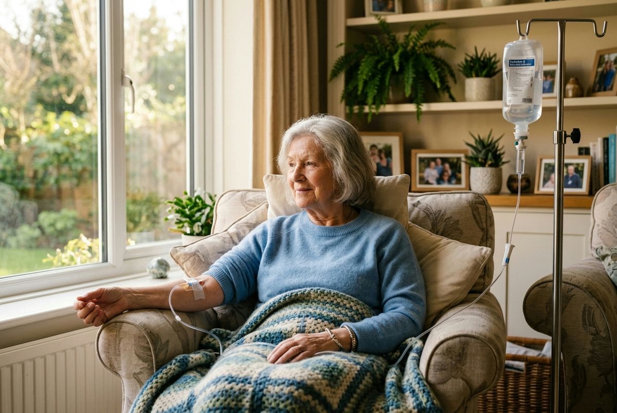 A relaxed senior woman with gray hair resting in a plush armchair with a cozy blanket, receiving an IV infusion through a line in her forearm from a bag on a pole beside the chair, in a warm sunlit living room with plants and framed family photos.