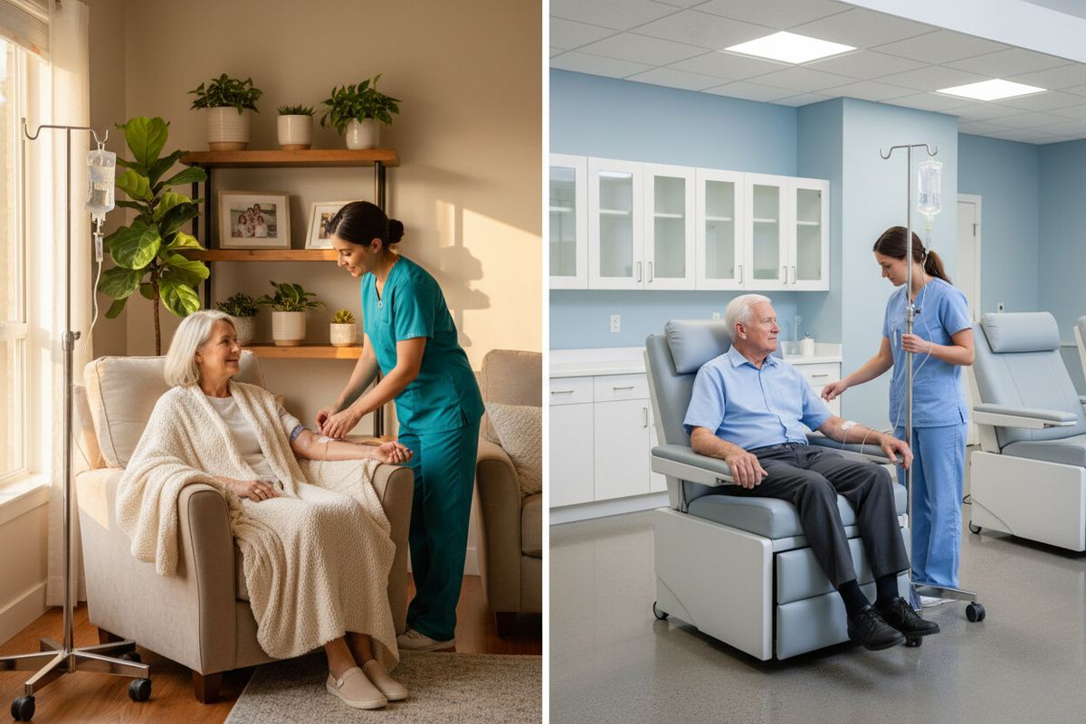Split-screen photo: left, a gray-haired senior woman receives an IV infusion in a cozy sunlit living room while a nurse in teal scrubs checks her line; right, a senior man receives an IV infusion in a bright modern clinic while a nurse in blue scrubs tends the pole, split by a thin vertical line.