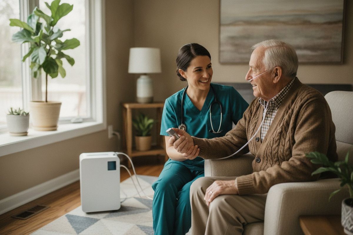 A home-health nurse in teal scrubs with a stethoscope sits beside a senior man in a brown cardigan in an armchair; he wears a nasal oxygen cannula with tubing to a white concentrator by the window, and the nurse holds his hand in a bright cozy living room.