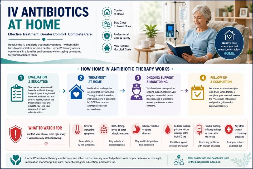 Infographic showing how home IV antibiotic therapy works with four steps covering evaluation and education, treatment at home, ongoing support and monitoring, and follow-up and completion, plus a checklist of warning signs that require contacting the clinical team