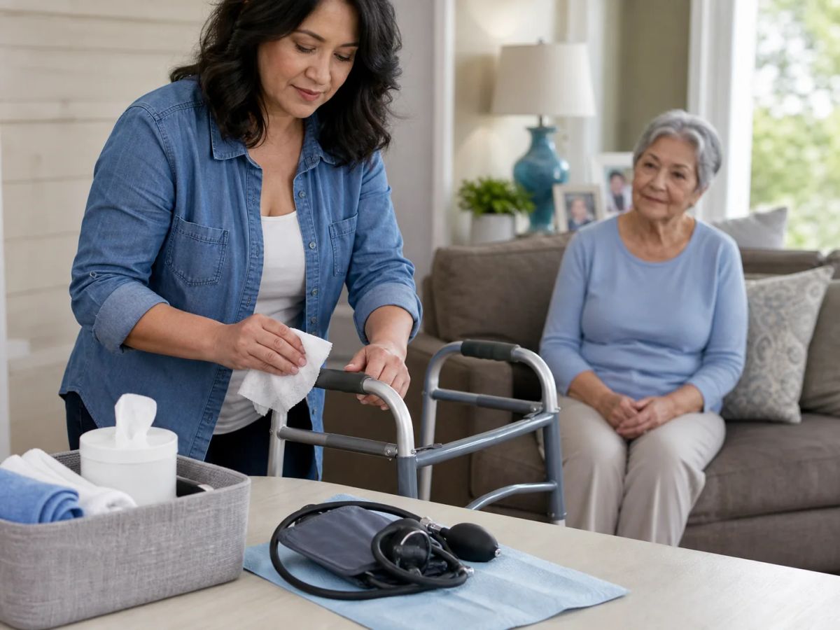 A family caregiver cleaning a walker beside organized home medical equipment