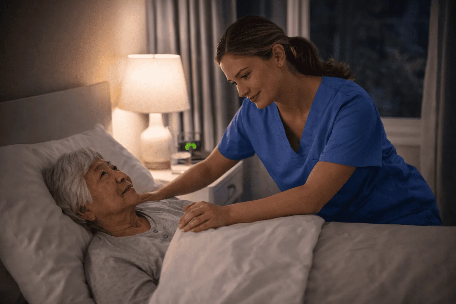 A caregiver in blue scrubs comforting a senior woman in bed at night, bedside lamp on