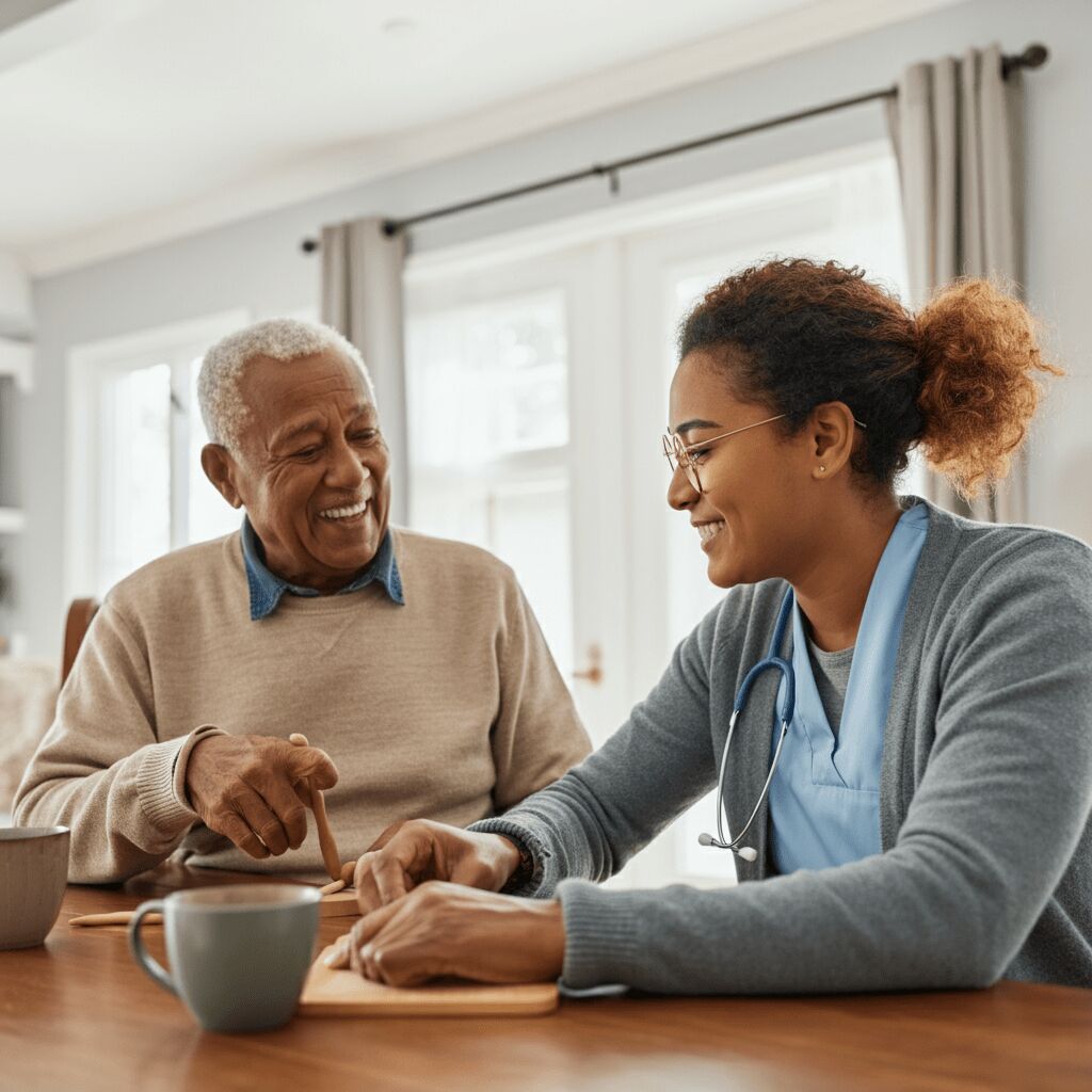 Companion caregiver sharing a warm, social moment with a senior in Fort Worth