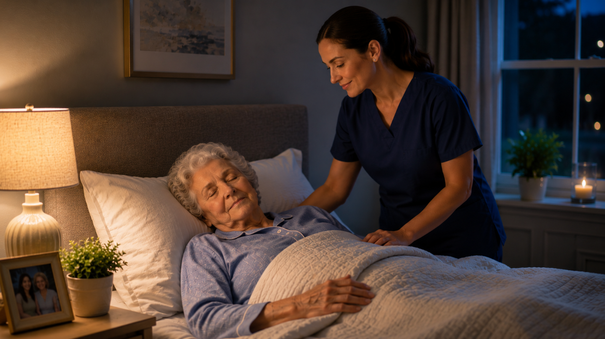 Overnight caregiver providing safe nighttime support for a senior
