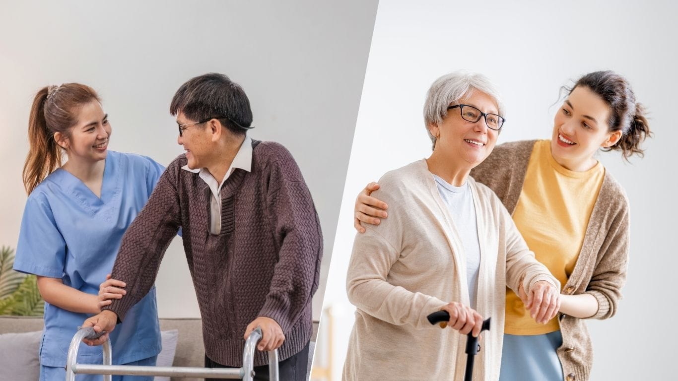 A nurse and caregiver supporting a senior's safe mobility with a walker and cane