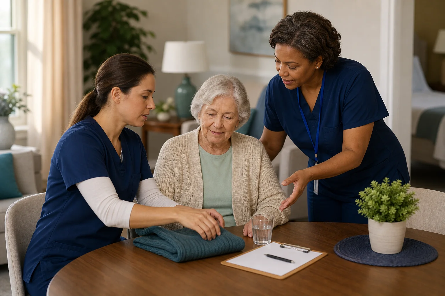Caregivers guiding a senior through a calming memory care routine