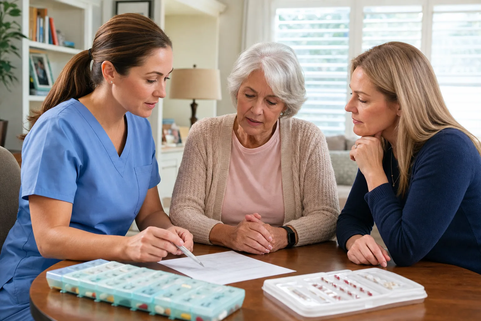 Nurse reviewing medications with a client and family caregiver