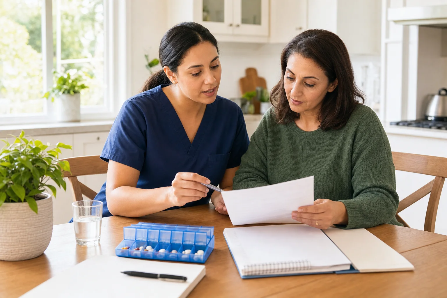 A nurse and family caregiver reviewing discharge paperwork and a medication plan at home
